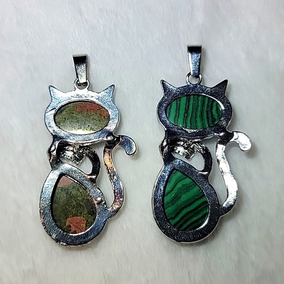 NWOT Lot of 2 Natural Stone Cat Kitty Unakite Malichite Pendant Chakra Reikei - Picture 4 of 6